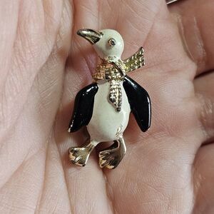 Vintage Walking Penguin Pin Brooch with Scarf Gold Tone Small Black White